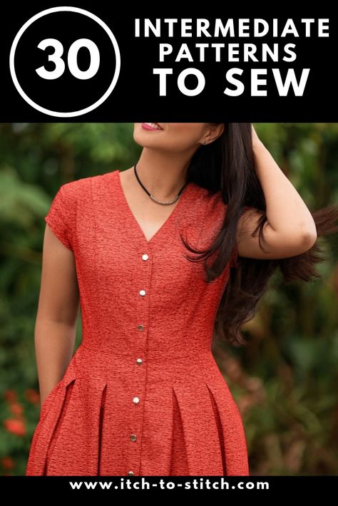 Thirty intermediate sewing patterns. PDF patterns, download, print and sew. Options for everyone from tops, pants, dresses in knits and wovens. If you're looking for a little bit of a challenge or more advanced project this is the place to start. #sewing #learntosew #advancedsewing #sewingpatterns Woven Sewing Patterns, Intermediate Sewing Projects, Knit Fabric Sewing Patterns, Sweater Dress Sewing Pattern Free, Tweed Dress Sewing Pattern, Sweater Knit Fabric Sewing Patterns, Knit Fabric Dress Pattern, Fall Sewing Patterns, Spring Sewing Patterns