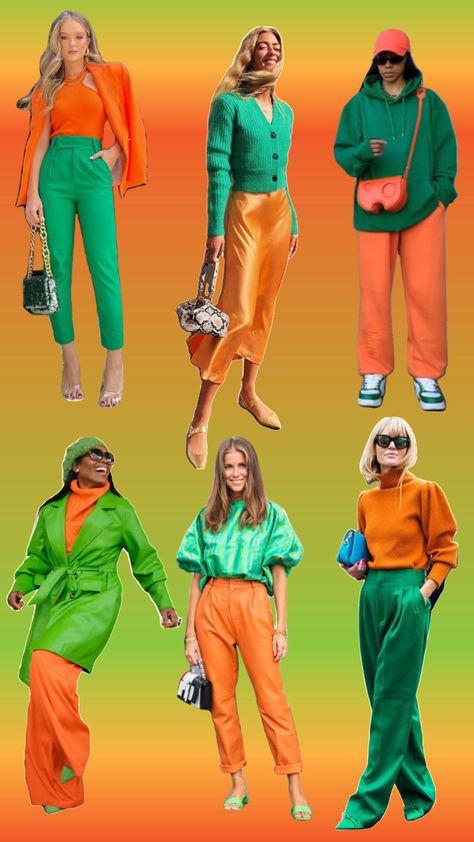 Orange and green outfit inspiration #orangeandgreen #outfitinspiration Green And Orange Color Block Outfit, Dark Green And Orange Outfit, Mint And Orange Outfit, Green With Orange Outfit, Lime Green And Orange Outfit, Lime Green And Brown Outfit, Orange Green Outfit, Green Orange Outfit, Green And Orange Outfit