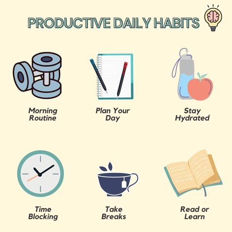 Morning Routine: Start your day with a consistent routine, like exercise or meditation. Plan Your Day: Set priorities and make a to-do list. Stay Hydrated: Drink water throughout the day. Time Blocking: Allocate specific times for tasks to stay focused. Take Breaks: Use short breaks to recharge and maintain productivity. Read or Learn: Spend time reading or learning something new. Learning Something New, Plan Your Day, Productive Morning, Time Blocking, Day Time, Planning Your Day, Stay Active, Daily Habits, Stay Hydrated