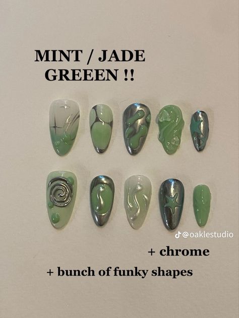 Japanese Green Nail Art, Elemental Nails, Cool Green Nails, Green Grunge Nails, Green Gel X Nails, Green Y2k Nails, Fairy Grunge Nails, Fun Green Nails, Green Aesthetic Nails