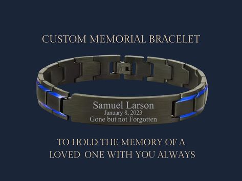 Custom Memorial Personalized Bracelet Black and Blue Line Stainless Honor In Memory of Police Officers Gone but Never Forgotten Funny Shot Glasses, Black Color Palette, Memorial Bracelet, Custom Memorial, Never Forgotten, Personalized Bracelet, Wonderful Life, Wedding Jewelry Bracelets, Police Officers