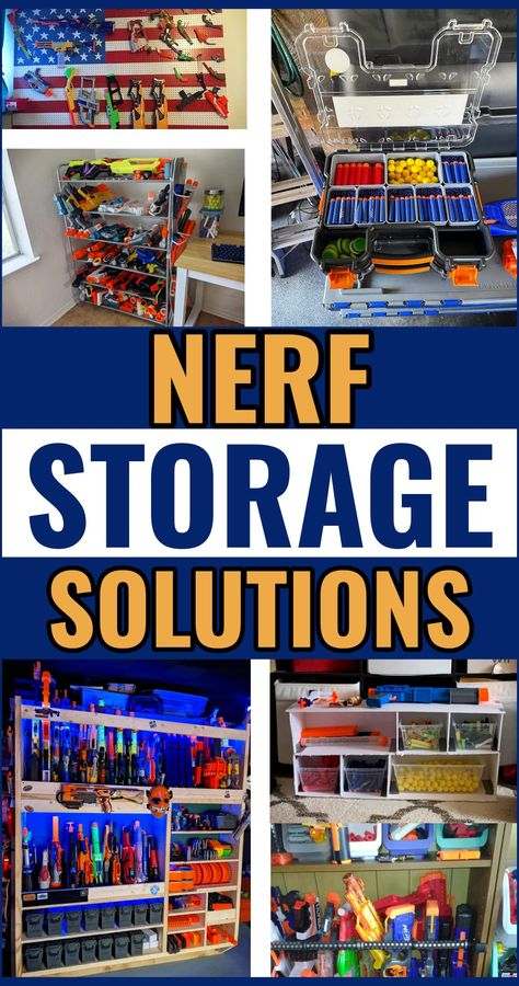 NERF Toy Storage Solutions-10 Creative Ideas for Organizing Your Collection - Clever DIY Ideas Nerf Organization Ideas, Kids Room Organization Boys, Boy Toy Organization, Playroom Organizing, Boy Toy Storage, Nerf Storage, Wall Storage Diy, Clever Organization, Ideas For Organizing