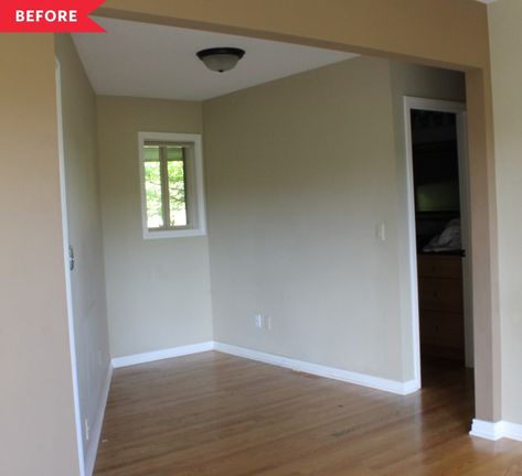 Before and After: Awkward, Unused Office Space Gets Functional Redo | Apartment Therapy Off Center Windows, Diy Murphy Bed, Office Redo, Office With A View, Black Accent Walls, Wooden Shades, Open Bookshelves, Room Remodel, Office Makeover