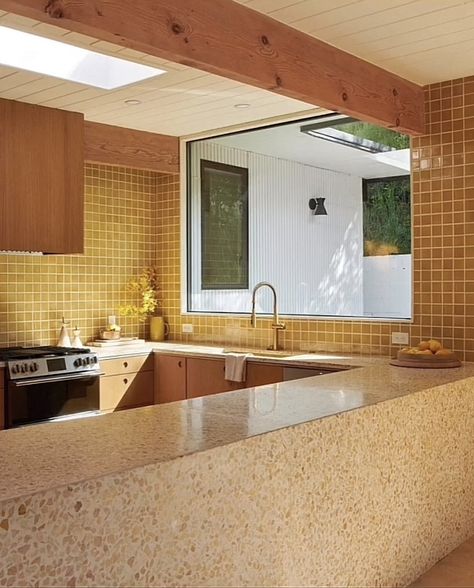 Yellow Tile Kitchen, Yellow Kitchen Tiles, Concrete Collaborative, Monochrome Kitchen, 70s Kitchen, Sunny Kitchen, Gimme Shelter, Dining And Living Room, Mid Century Modern Kitchen