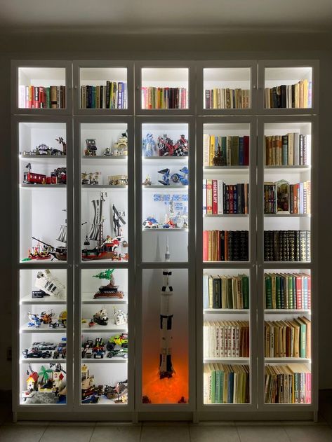 #ikeahack #ikeadiy #furniture Ikea Billy Lego Display, Living Room Lego Display, Lego Billy Ikea, Bookshelves With Led Lights, Lego And Book Display, Lego Display Bookcase, Lego Glass Display Cabinet, Billy Bookcase Display Cabinet, Lego Display Office