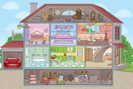 5 Fun Ideas for Finishing Your Attic or Basement | DoItYourself.com Canned Lighting, House With Garage, Inside A House, Perspective Drawing Architecture, Cartoon House, Two Storey House, House Illustration, House Inside, House Drawing