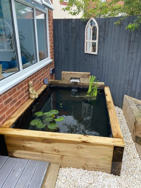 My new sleeper pond Sleeper Pond, Above Ground Pond, Green Wall Garden, Raised Pond, Koi Pond Design, Fish Pond Gardens, Patio Pond, Relaxing Backyard, Poppy Fields