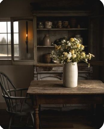 Antique Primitive Decorating, Old Country Aesthetic, Autumnal House, Old Farmhouse Aesthetic, Farmhouse Antique Decor, Old Farmhouses, Dark And Moody Interiors, Wallpaper Paint, House Dressing