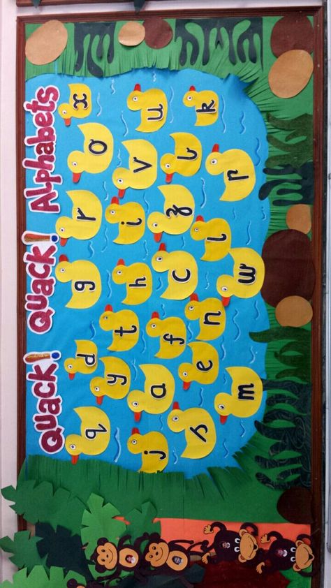 Bulletin Board Ideas For Alphabets, Classroom Alphabet Display Ideas, Abcd Charts For Preschool, Alphabet Charts For Classroom Decoration, Alphabet Chart Ideas For Preschool, Letter Bulletin Board Ideas, Alphabet Decoration Ideas For Classroom, Alphabets Decoration Classroom, Animals Bulletin Board Preschool