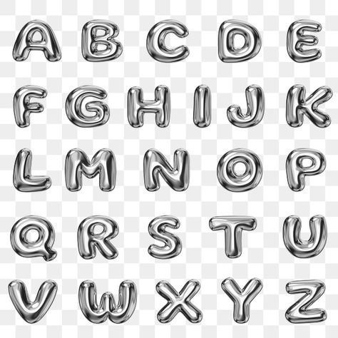 Alphabetical Letters Design, Scrapbook Letters Png, Y2k Alphabet, Font Design Alphabet, Sticker Letters, M Alphabet, Silver Letter Balloons, Stickers Alphabet, Edgy Fonts