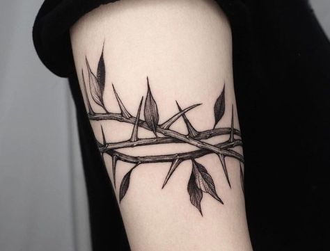 Briar Patch Tattoo, Thorn Wreath Tattoo, Black Thorn Tattoo, Thorn Wrist Tattoo Men, Thorns And Leaves Tattoo, Barbed Wire Tattoo With Flowers, Barbed Wire And Vine Tattoo, Thorn Wrap Around Tattoo, Vine And Thorn Tattoo