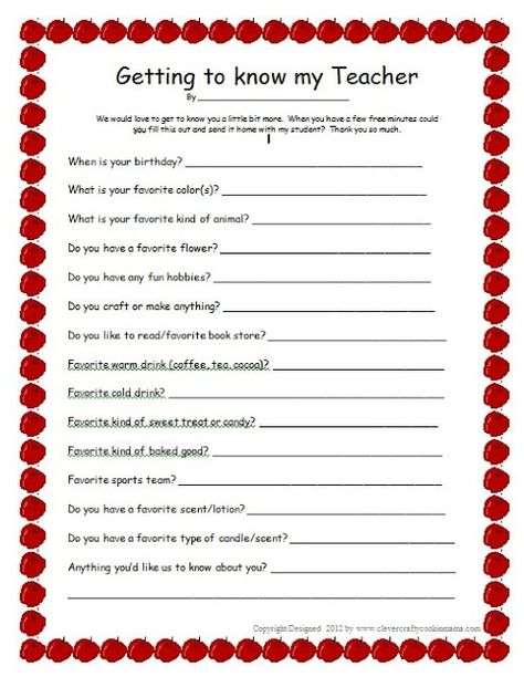 Getting to Know your child's Teacher (free printable) Getting To Know Your Teacher Free Printable, Getting To Know Your Teacher, Get To Know Your Teacher, Teacher Questionnaire, Facs Classroom, Future Educator, Recipes Pictures, Teacher List, Teaching Portfolio