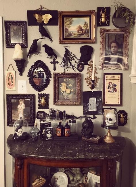 Dark Academia Decor Halloween, Romantic Goth Interior, Victorian Goth Apartment, Spooky Gallery Wall, Date Night At Home Decor, Goth Gallery Wall, Romantic Date Night At Home Decor, Dark Academia Gallery Wall, Odd Decor