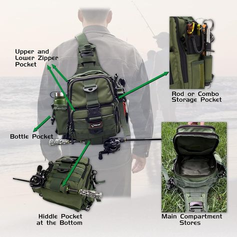 Fiblink Fishing Tackle Backpack Water-resistant Fishing Sling Bag Fishing Storage Pack with Rod & Gear Holder (Army Green) Color:Army Green Fishing Storage, Fishing Bag, Fishing Backpack, Spec Ops, Fish In A Bag, Fishing Tackle, Sling Bag, Army Green, Green Color