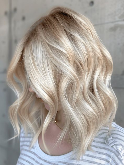 Super Blonde Medium Length Hair, Blonde Inverted Bob Medium, Light Blonde All Over Color, Buttery Blonde With Lowlights, Short Icy Blonde Hair With Dark Roots, Blonde Bob Ideas, Butter Blonde Hair Dark Roots, Blond Hair With Dimension, Light Blonde Balayage Short Hair