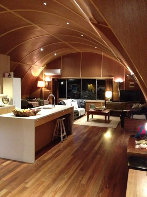 More ideas... Modern quonset hut homes; Living spaces etc.| ...Construction for, greenhouses, workspaces... Quanza Hut House, Barndominium Ceilings, Nissen Hut, Quonset Hut Home, Quonset House, Arched Cabins, Quonset Home, Hut Interior, Steel Homes