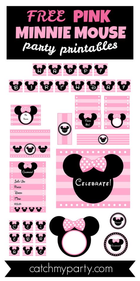 Download these pretty FREE pink Minnie Mouse Party Printables !! See more parties and share yours at CatchMyParty.com #catchmyparty #partyideas #Minniemouseparty #minniemousepartyinvitation #girlbirthdayparty #freepinkminniemousepartyprintables Diy Minnie Mouse Invitations, Minnie Mouse Party Printables Free, Minnie Mouse Party Signs, Minnie Mouse Food Labels Printable Free, Minnie Mouse Birthday Party Signs, Free Minnie Mouse Invitations, Minnie Mouse Birthday Party Ideas 3rd Invitations, Diy Minnie Mouse Birthday Decorations, Minnie Mouse Free Printables