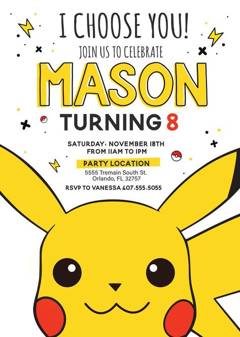 Pikachu Birthday Party Ideas, Pokemon Birthday Invitations, Birthday Invitation Sample, Pikachu Birthday Party, Pokemon Party Invitations, Pokemon Invitation, Pokemon Birthday Card, Birthday Pikachu, Pikachu Party