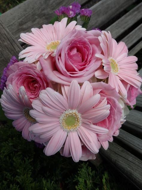 Pink hand-tied bouquet of hydrangea, gerber daisies, roses and statice, created by Floribunda Designs. Transvaal Daisy, Prom Bouquet, Gerber Daisies, Hand Tied Bouquet, Roses Bouquet, Prom Flowers, Bouquet Ideas, Floral Arrangements Wedding, Small Bouquet