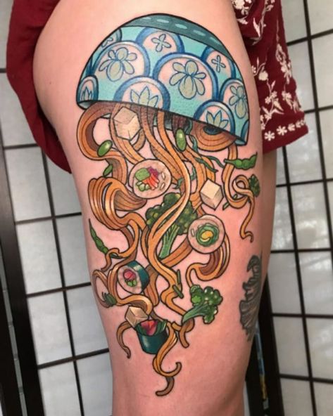 Old School Jellyfish Tattoo, Japanese Jellyfish Tattoo, Ramen Tattoo Design, Ramen Bowl Tattoo, Traditional Jellyfish Tattoo, Neo Traditional Japanese, Ramen Tattoo, Sushi Tattoo, Quetzalcoatl Tattoo