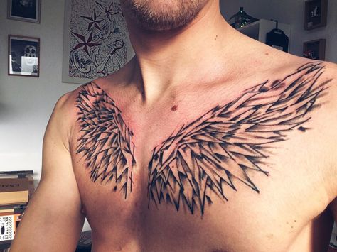 Tattoos For Guys Chest, Music Staff Tattoo, Chest Tattoo Wings, Mandala Chest Tattoo, Back Of Neck Tattoo Men, Neck Tattoo Men, Chest Neck Tattoo, Bracelet Tattoo For Man, Angel Wing Tattoo