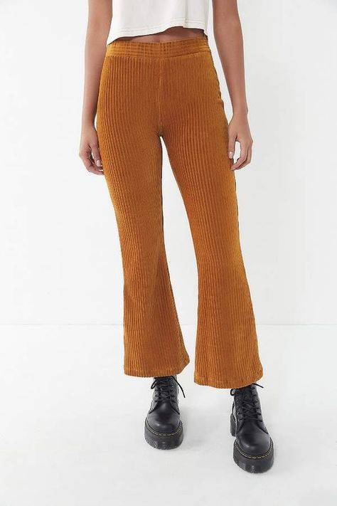 Urban Outfitters UO Cassidy Ribbed Velvet Kick Flare Pant Ribbed Velvet Pants, Ribbed Flare Pants, Fitted Flare Corduroy Pants, Brown Corduroy Flare Pants, Aerie Groove-on Rib Velour Flare Pant, Velvet Flare Pants, Bell Pants, Flattering Pants, Velvet Flares