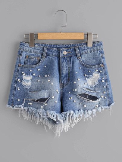 Shop Faux Pearl Beading Distressed Denim Shorts online. SheIn offers Faux Pearl Beading Distressed Denim Shorts & more to fit your fashionable needs. Pearl Shorts, Diy Fashion Trends, Pearl Beading, Replay Jeans, Diy Vetement, Diy Fashion Clothing, Trendy Swimwear, Denim Details, Denim Shorts Women