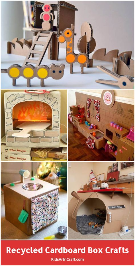 Recycled Cardboard Box Crafts For Kids - Activities for Toddlers - Kids Art & Craft Diaper Box Crafts, Cardboard Box Crafts Decor, Cardboard Box Crafts For Kids, Upcycle Cardboard, Bored Crafts, Box Crafts For Kids, Crafts Cardboard, Playgroup Ideas, Recycle Cardboard Box