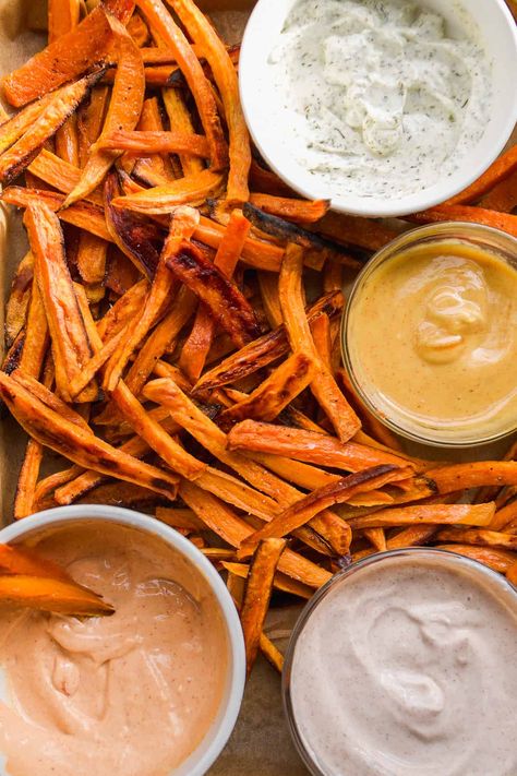 Elevate your fry game with these four dipping sauces for sweet potato fries! Made with minimal ingredients and with flavors ranging from hot honey mustard to maple cinnamon yogurt, there's a dip for everyone! Sweet Potato Fries Dip, Sweet Potato Fry Sauce, Sweet Potato Fry Dip, Fries Dip, Sweet Potato Fries Dipping Sauce, Pan Fried Chicken Tenders, Homemade Sweet Potato Fries, Yam Fries, Gluten Free Sweet Potato