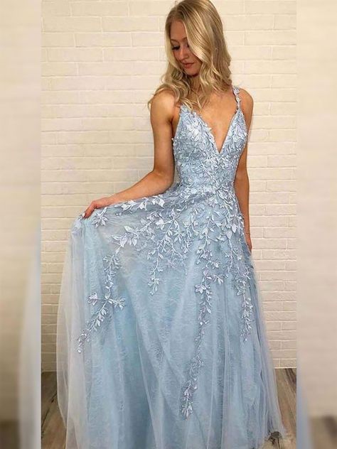 A-Line/Princess V-neck Sleeveless Floor-Length Applique Tulle Dresses Blue Lace Prom Dress, Lace Prom Gown, Light Blue Prom Dress, Tulle Party Dress, Prom Dresses Long Lace, V Neck Prom Dresses, Lace Prom Dress, Beauty Dress, Grad Dresses