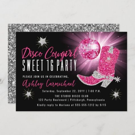 Faux Glitter Pink Disco Cowgirl Sweet 16 Party for $2.92 - Birthday Invitations Cowgirl Sweet 16, Pink Disco Cowgirl, Disco Cowgirl Bachelorette Party, Disco Cowgirl Bachelorette, Cowgirl Invitations, Cowgirl Bachelorette Party, Sweet 16 Party Invitations, Cow Birthday Parties, Cowgirl Bachelorette Parties