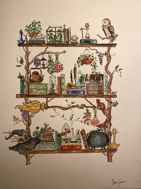 Plant Shelf Watercolor, Harry Potter Watercolor Art Easy, Hufflepuff Watercolor, Witchy Watercolor Art, Witchy Shelves, September Watercolor, Watercolor Harry Potter, Witchy Watercolor, Book Watercolor Painting