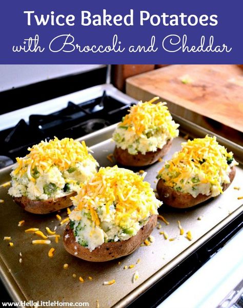 How to make Twice Baked Potatoes with Broccoli and Cheddar, an easy Twice Baked Potatoes recipe! Homemade stuffed potatoes you can make ahead for a vegetarian dinner or a side dish for any meal! These vegetarian Twice Baked Potatoes are loaded with broccoli and cheddar cheese. Bake these cheesy double stuffed Twice Baked Potatoes in the oven for a simple main dish! | Hello Little Home #potatoes #twicebakedpotatoes #stuffedpotatoes #bakedpotato #vegetarianrecipes #cheesy #broccoli #cheddar Vegetarian Winter Recipes, Vegetarian Fall Recipes, Potato In The Oven, Double Baked Potatoes, Winter Vegetarian Recipes, Sandwiches Breakfast, Breakfast Desserts, Broccoli And Cheddar, Autumn Recipes Vegetarian