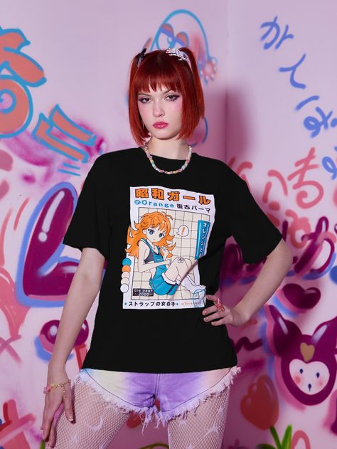 Black Casual  Short Sleeve Polyester Figure  Embellished Medium Stretch  Women Tops, Blouses & Tee Anime Figures, Graphic Tees Women, Design Inspo, Casual Shorts, Shirt Designs, Graphic Tees, Womens Tops, T Shirts For Women, Anime