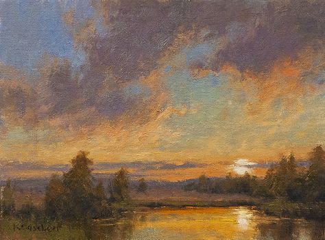 Pond at Sunset by Kim Casebeer Oil ~ 9 x 12 Sunset Impressionism, Sunset Paintings, Icelandic Artists, Painting References, Representational Art, Original Paintings For Sale, Vintage Sunset, Oil Pastel Art, Impressionism Painting