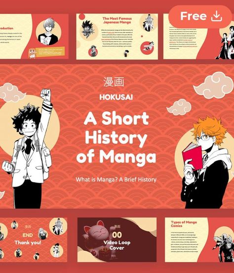 Google Slides theme and PowerPoint template. 

Download a free PPT and Google Slides template that gives a review of the entire history of this wonderful world of manga. Discover more than 30 presentation slides with a very kawaii style that you can read or edit to your liking! Arigato! Ppt Themes, Free Ppt Template, Presentation Slides Design, Presentation Design Layout, Slides Design, Powerpoint Design Templates, Powerpoint Themes, Presentation Design Template, Katsushika Hokusai