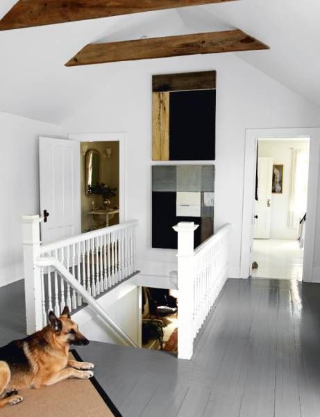 grey painted wood floors!? yes.  and the dog is a great touch. i <3 dogs Farmhouse Painted Floors, Painted Floors Wood, Grey Painted Floor, Painted Wooden Floors, Painted Hardwood Floors, Painted Floorboards, Painted Wood Floors, New England Farmhouse, Painted Floor