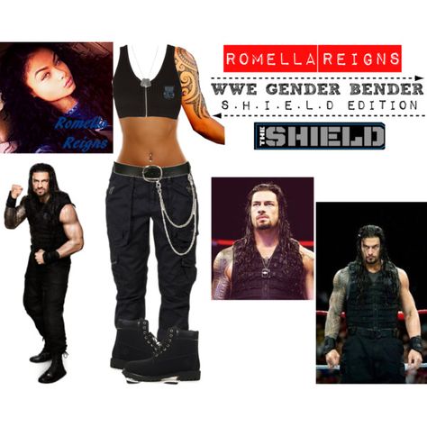 WWE Gender Bender: S.H.I.E.L.D  Edition ✖️Romella Reigns Wwe Female Wrestlers Outfits Ideas, Wwe Attire, Wrestling Attire, Camo Prom Dresses, Wwe Shield, Wrestling Clothes, Shield Wwe, Oc Things, Wrestling Outfits