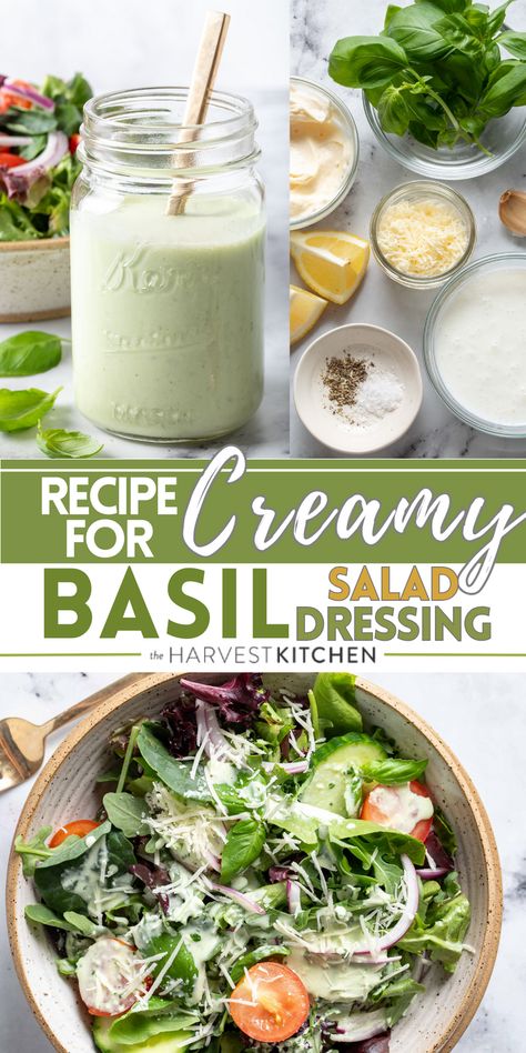 This Basil Buttermilk Dressing is made with fresh basil, garlic, lemon juice, Parmesan cheese, buttermilk and mayonnaise. It’s super easy to make and the flavor is amazing! If you love the taste of basil pesto, this dressing is for you! Buttermilk Basil Dressing, Basil Garlic Salad Dressing, Basil Mayonnaise Recipe, Basil Ideas, Recipes With Basil, Basil Mayonnaise, Basil Salad Dressing, Basil Vinaigrette Dressing, Buttermilk Salad Dressing