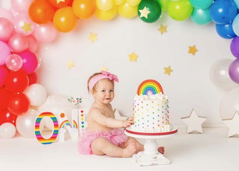 rainbow cakesmash, 1st birthday session, baby girl rainbow session Rainbow First Birthday Party Girl, Rainbow Baby First Birthday, 1st Birthday Themes Girl, Rainbow Baby Birthday, Rainbow Birthday Party Decorations, 7th Month, Rainbow First Birthday, Rainbow Theme Party, First Birthday Pictures