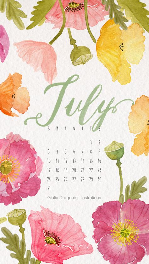 July Calander, Wedding Initials Logo, Diy Desk Calendar, Illustration Calendar, Flower Calendar, Flower Shop Decor, Watercolor Calendar, 달력 디자인, Learn Watercolor Painting