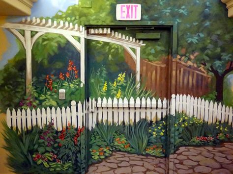 garden mural, white fence garden mural, portland oregon muralist House Entrance Gate, White Garden Fence, Gate Fence, Easy Fence, Glass Fence, Garden Mural, Rustic Fence, Natural Fence, Fence Doors