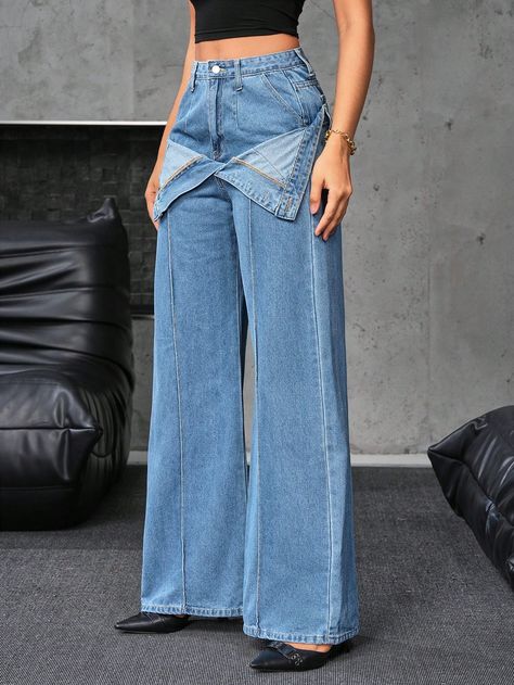 Women Slot Pocket Fold-Over Design Wide Leg Loose Casual Versatile Jeans Light Wash Casual   Denim Plain Straight Leg Non-Stretch  Women Clothing, size features are:Bust: ,Length: ,Sleeve Length: Jeans Light Wash, Jeans Casual, Jeans Light, Women Denim Jeans, Casual Denim, Teen Fashion Outfits, Teen Fashion, Denim Women, Women Clothing