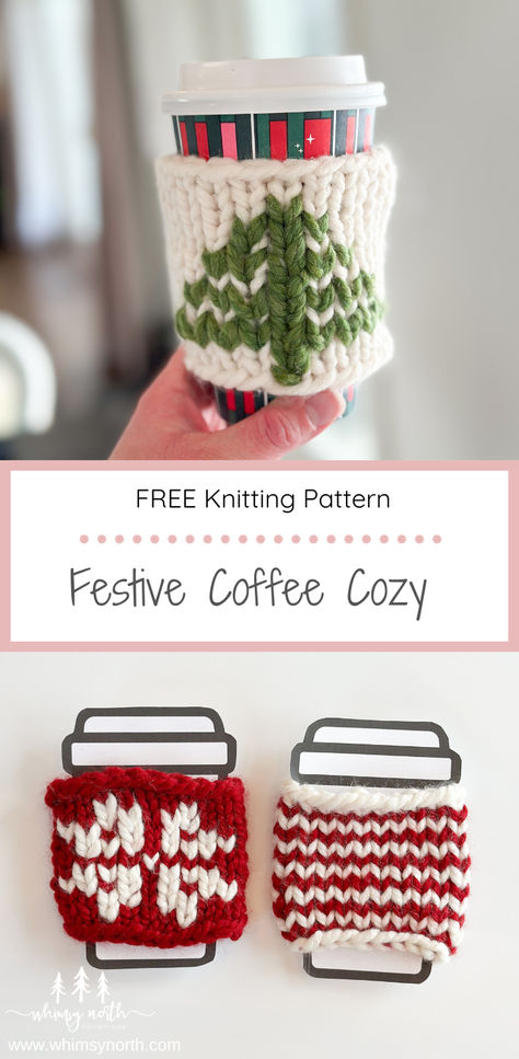 The Festive Coffee Cozy Knitting Pattern is a free knit coffee cup sleeve pattern that is beginner friendly and great for holiday gift knitting and selling at market booths. Knit Coffee Sleeve Pattern Free, Christmas Coffee Cozy, Knitted Cup Cozy Pattern Free, Mug Cosy Knitting Pattern, Coffee Cup Sleeve Pattern, Knitted Christmas Gifts Free Patterns, Knit Coffee Cozy Pattern, Cup Cozy Knitting Pattern, Cup Sleeve Pattern