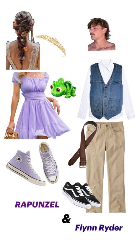 Halloween costume ideas Rapunzel And Flynn Ryder Halloween, Couple Halloween Costumes Rapunzel And Flynn, Flynn Rider Diy Costume, Rapunzel Costume Ideas For Women, Tangled Group Costume, Princesses Gone Wrong Costume, Tangled And Flynn Rider Costume, Robin Hood And Maid Marian Costume, Diy Flynn Rider Costume