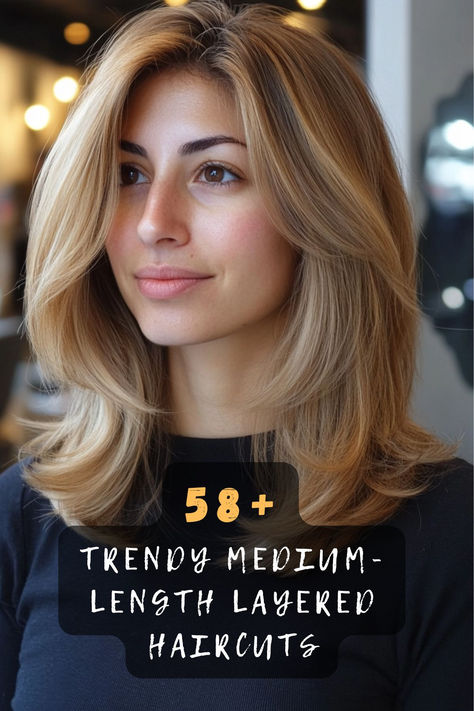 Enhance your hairstyle with 58 gorgeous medium-length haircuts featuring layers for a fresh and modern look. 💇‍♀️ From face-framing layers to tousled waves, these styles add dimension. Want to see which layered haircut fits your vibe? Click to explore all the stylish designs! #MediumHaircuts #LayeredStyles #HairInspo #ModernLooks #HairTrends #VolumeAndTexture #StylishHair Mid Length Hair With Layers And Curtains, Mid Length Haircut Blonde, Medium Haircut With Layers Face Framing, Face Framing Medium Length Hair, Medium Length Face Framing Layers, Medium Hair Face Framing Layers, Middle Length Haircut With Layers, Face Framing Layers Shoulder Length, Armpit Length Hair With Layers