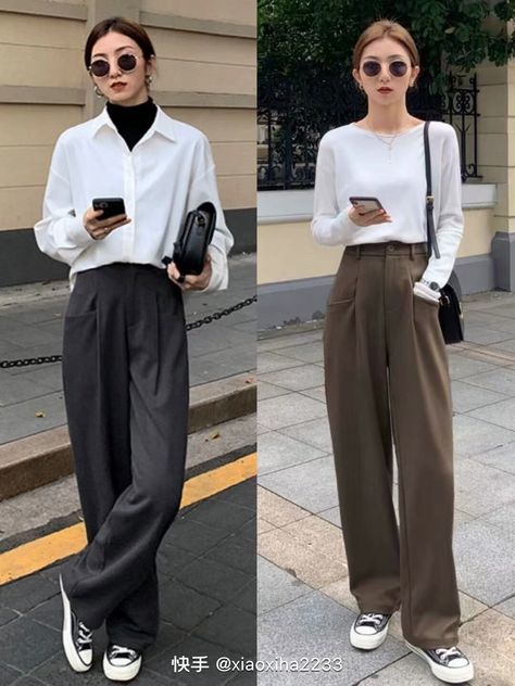 Korean Outfits Trousers, Trousers Korean Outfit, Korean Wide Pants Outfit, Black Trousers Outfit Korean, Korean Wide Leg Pants, Fashion Outfits Korean Style, Looks Pinterest, Casual College Outfits, Korean Casual Outfits