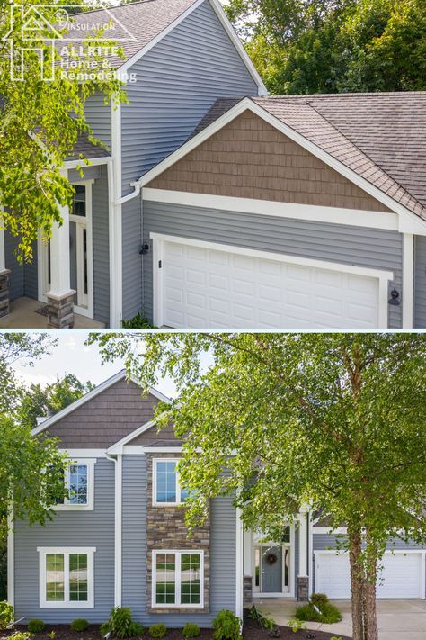 We helped these homeowners improve their home’s curb appeal by installing Mastic Cedar Discovery shake siding in timber. We proudly install @plygem products. Contact us today to schedule a free consultation. #cedarshake #siding #masticcedardiscoveryshake #masticcedarshake #timber #PlyGem #curbappeal #exteriorfinishes Vinyl Cedar Shake Siding Accent, Shake Siding Exterior Accent, Cedar Shake Siding Accent, Cedar Vinyl Siding, Vinyl Cedar Shake Siding, Cedar Shake Siding, Exterior House Siding, Cedar Shake, Shake Siding