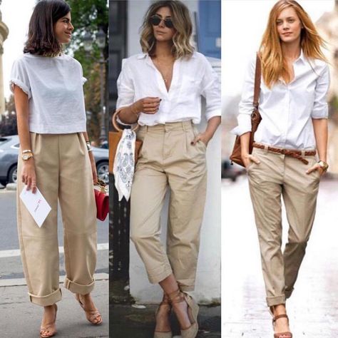 Left, Center or Right? Khaki Pants Outfit, Womens Chinos, Women Outfit, 여자 패션, 가을 패션, White Shirts, Street Style Outfit, Work Fashion, London Fashion