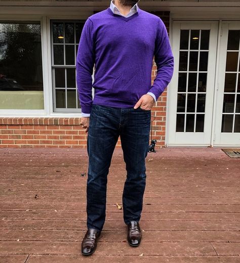 Sometimes working in a color you don’t usually wear can make an outfit pop! I don’t wear a lot of purple, but a sweater like this one can be just the change I’m looking for. . . . . . . . #mensstyle #style #blog #dapper #dapperman #mensclothing #mensweardaily #dapperstyle #menfashion #mens #ootdmen #fashionformen #mensfashionpost #menstyleguide #menstagram #menwithstyle #gq #dapperlydone #gentlemanstyle #mensaccessories #menslook #stylishmen #gentlemen #simplydapper #mensfashionblog #gqstyle #ge Purple Sweater Vest Outfit Men, Mens Purple Jeans, Purple Button-up Sweater For Spring, Men’s Purple Sweater Outfit, Purple Knit Turtleneck Sweater, Pullovers Outfit, Ootd Men, Mens Fashion Blog, Gq Style